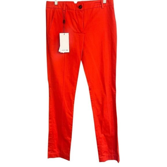 LACOSTE Woman’s  Pubion 100% Cotton Orange Straight Leg Trouser Pants Sz 4 NWT M - Picture 1 of 7